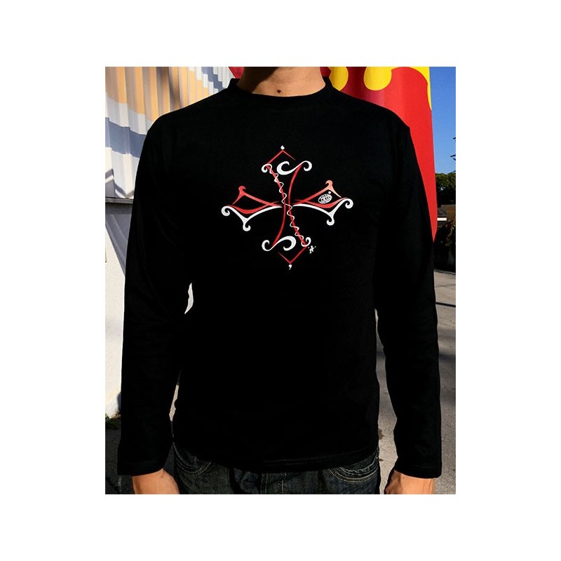 T-shirt homme noir à manches longues Tribal croix occitane