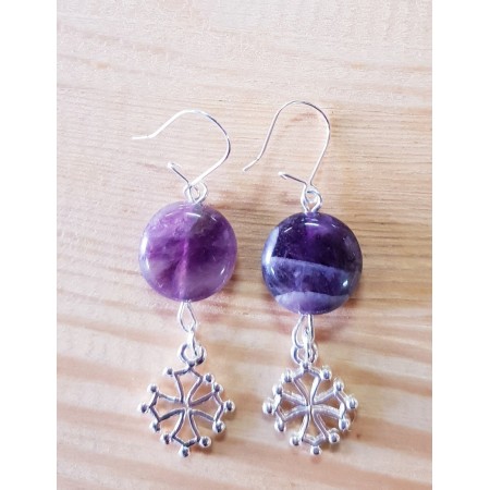 Boucles d'oreilles croix occitane et pierre