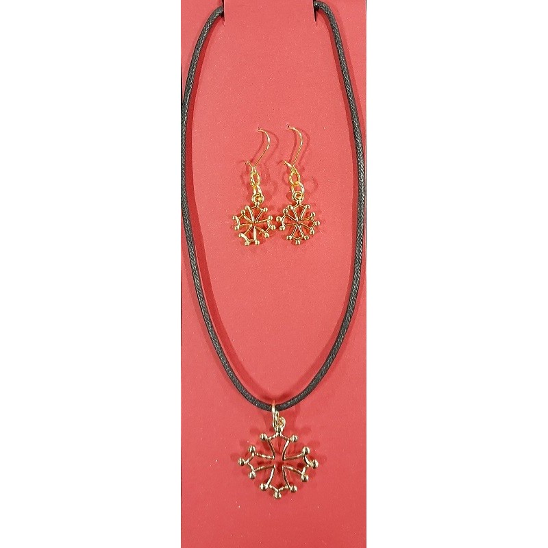 Parure boucles d'oreilles et collier croix occitane dorées