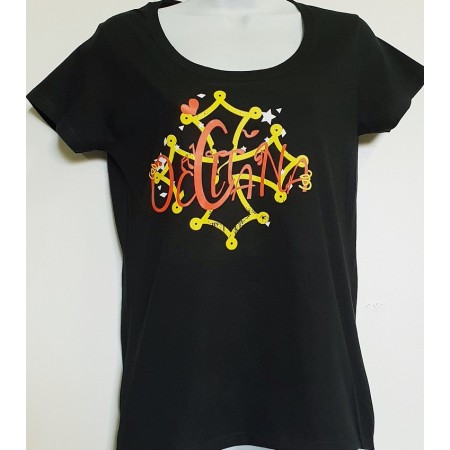 T-shirt Femme Occitana col rond coloris noir motif rouge et jaune