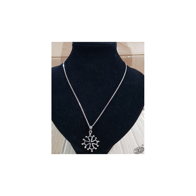 Parure chaîne 60cm argent et pendentif croix occitane argent 2,5cm