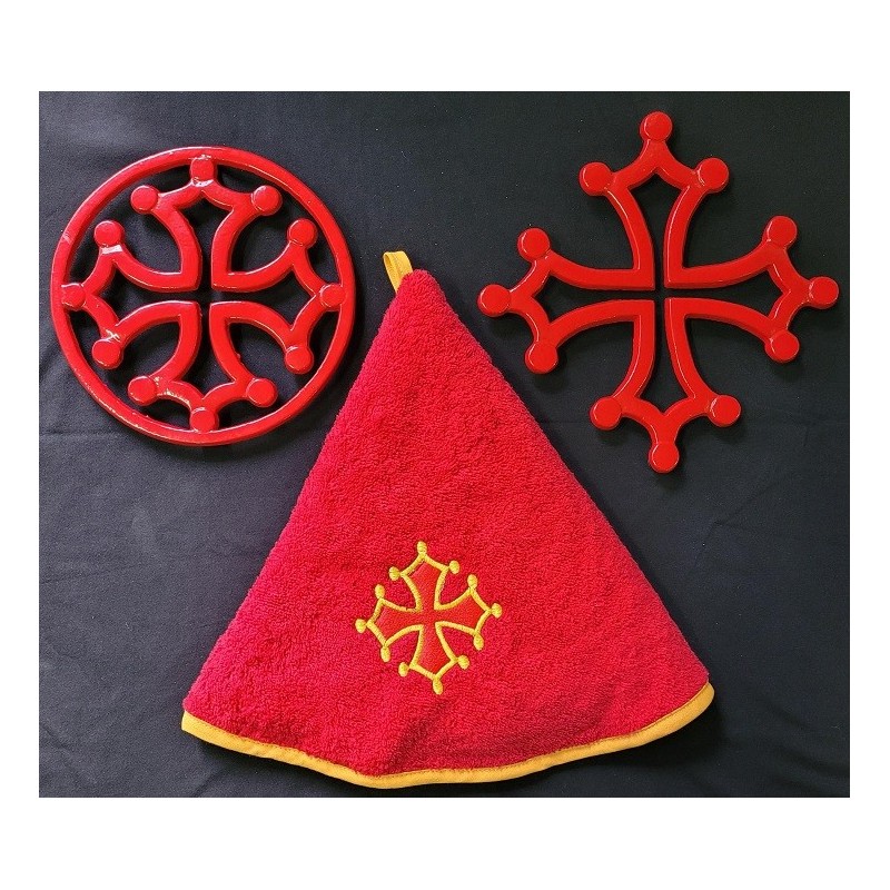 Lot dessous-de-plat croix occitane et essuie-mains rond éponge croix occitane