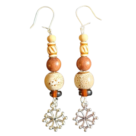 Boucles d'oreilles croix occitane et perles couleur automne