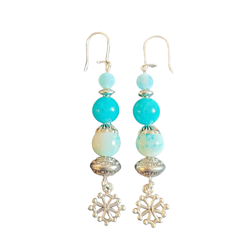 Boucles d'oreilles croix occitane nuage turquoise
