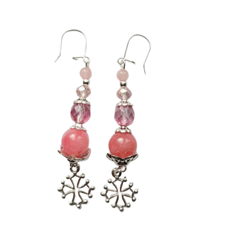 Boucles d'oreilles Rose princesse et croix occitane