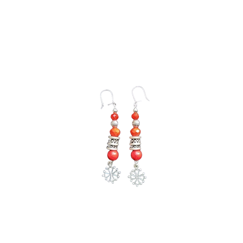 boucles d'oreilles rouges en perles pierre et verre avec croix occitane