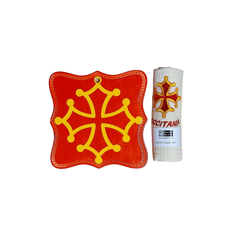 Lot dessous-de-plat et torchon nid d'abeille croix occitane