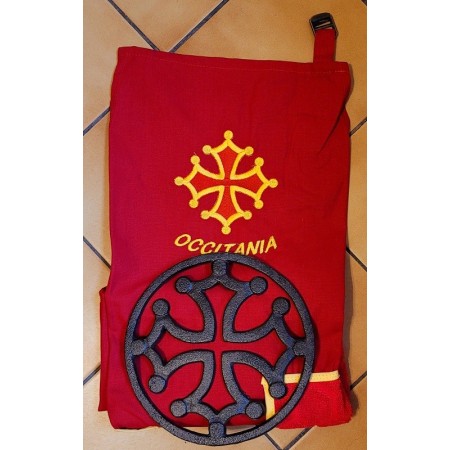 Lot tablier cuisine et dessous-de-plat fonte croix occitane