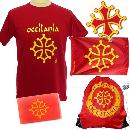 Lot drapeau occitan,t-shirt, sac à dos,porte-carte et auto-collant croix occitane