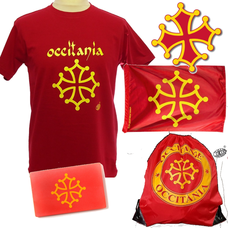 Lot drapeau occitan,t-shirt, sac à dos,porte-carte et auto-collant croix occitane